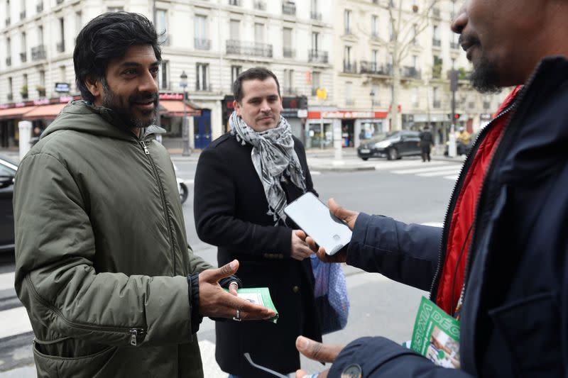 Vikash Dhorasso, former international soccer player and La France Insoumise (LFI) mayor candidate for Paris' 18th district, campaigns in Paris