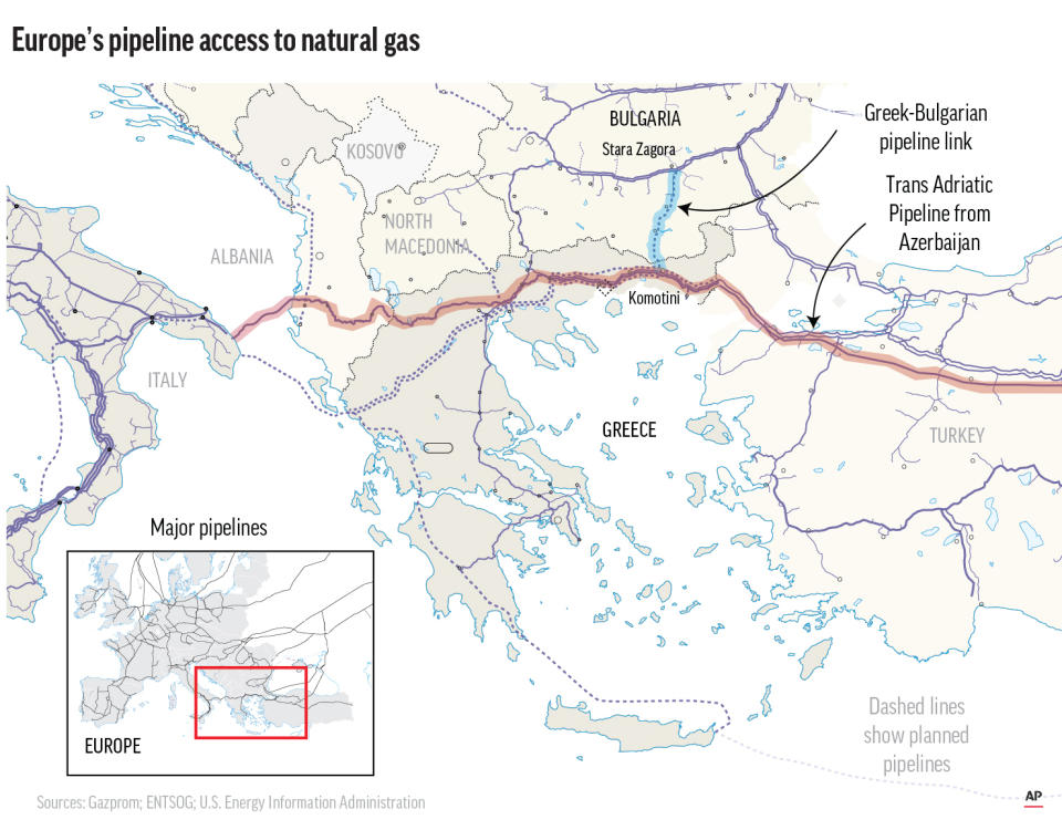 Map shows natural gas pipelines into Europe with a detailed look at the Western Mediterranean countries.