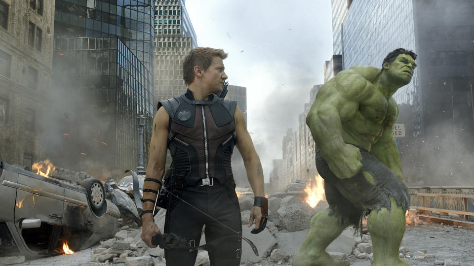 Jeremy Renner and Mark Ruffalo as Hawkeye and the Hulk in "The Avengers."