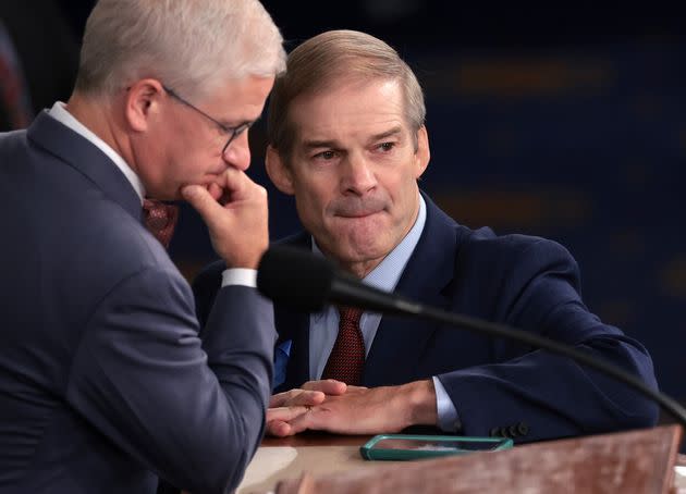 Speaker Pro Tempore Rep. Patrick McHenry (R-N.C.), speaking to Rep. Jim Jordan (R-Ohio), has largely confined his role to overseeing the process to elect a new House speaker. 