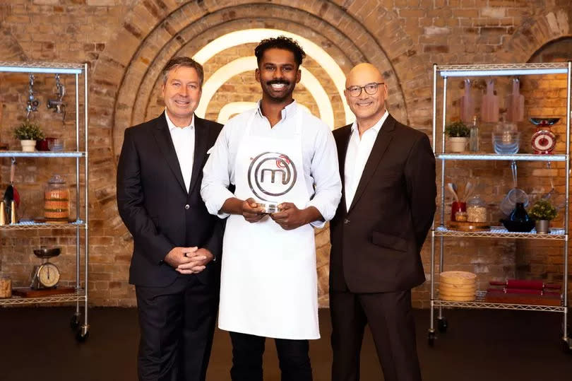 Undated handout photo issued by Masterchef of Brin Pirathapan (centre), a veterinary surgeon who has won the 20th series of MasterChef with dishes that included octopus and venison, with John Torode (left) and Gregg Wallace (right). Issue date: Wednesday May 22, 2024.