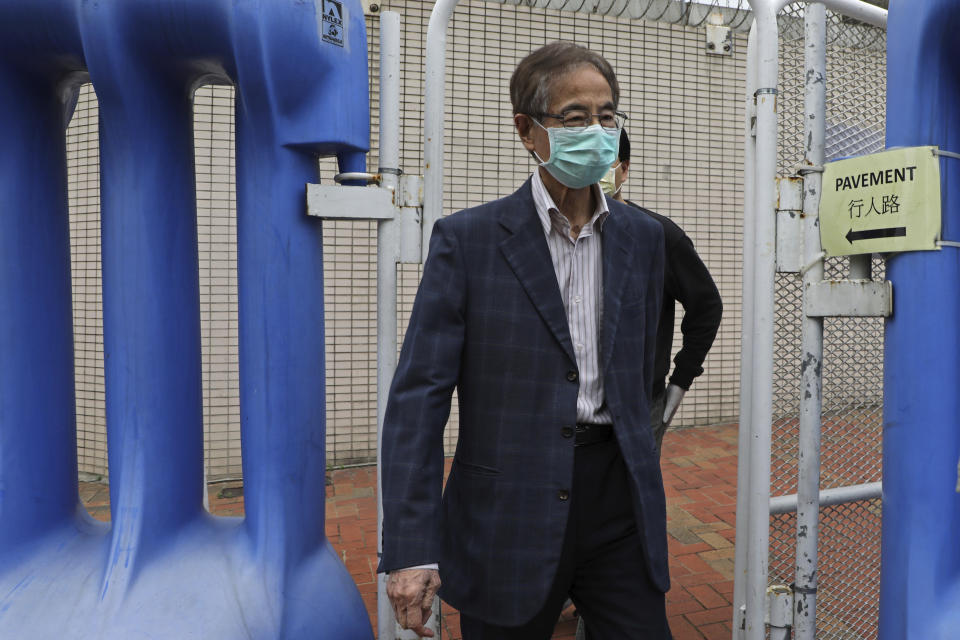 Former pro-democracy lawmaker Martin Lee, 81-year-old, leaves a police station in Hong Kong, Saturday, April 18, 2020. Hong Kong police arrested at least 14 pro-democracy lawmakers and activists on Saturday on charges of joining unlawful protests last year calling for reforms. (AP Photo/Kin Cheung)