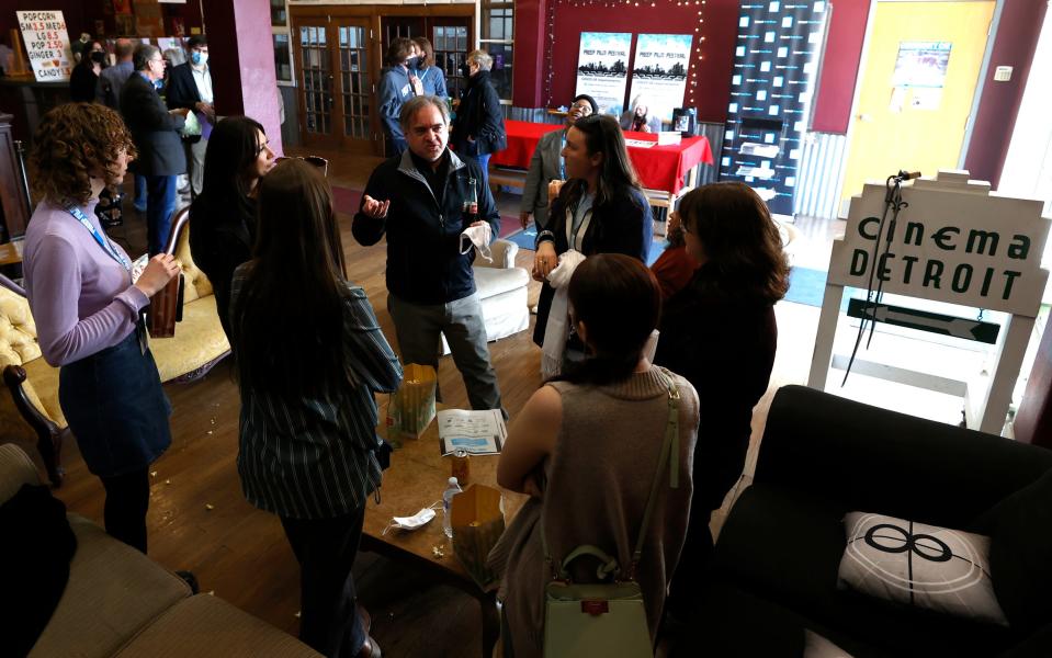 Directors and filmmakers gather for a meet-and-greet event inside Cinema Detroit in Detroit on Friday, April 29, 2022, during a Freep Film Festival screening.