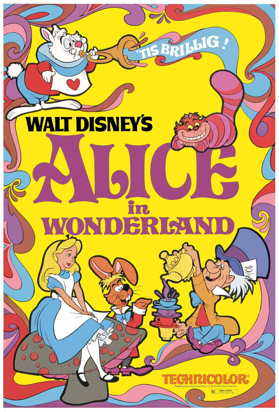 Vintage "Alice in Wonderland" movie poster featuring animated characters Alice, White Rabbit, Cheshire Cat, Mad Hatter, and March Hare