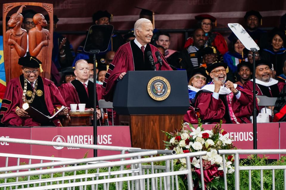 APresident Joe Biden speaks at the Morehouse College Commencement on May 19, 2024 in Atlanta, Georgia. President Biden is appearing at the school during a time when pro-Palestinian demonstrations are still occurring on campuses across the country to protest Israel's war in Gaza.