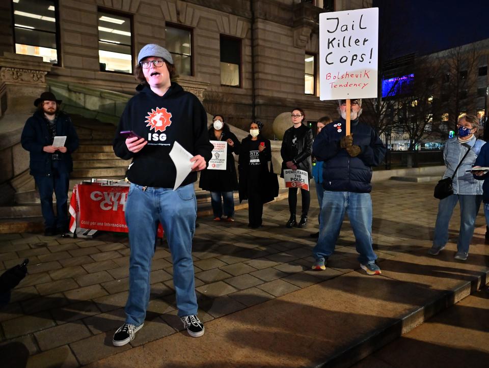 Speaker Ashley Rogers of the Independent Socialist Group of Worcester speaks Monday during a candlelight vigil in memory of Tyre Nichols outside Worcester City Hall.