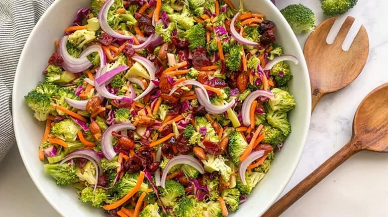 broccoli salad in white bowl