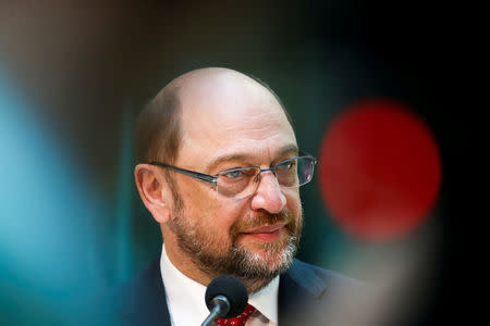 Social Democratic Party (SPD) leader Martin Schulz gives a statement after meeting Benoit Hamon, French Socialist party 2017 presidential candidate in Berlin, Germany, March 28, 2017. REUTERS/Fabrizio Bensch