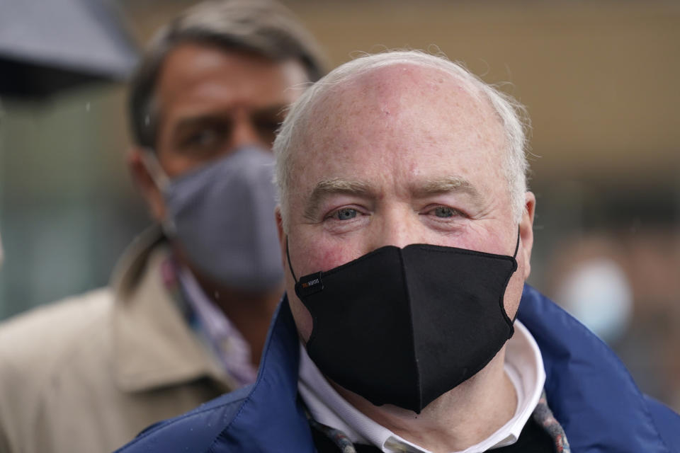 Michael Skakel leaves a courthouse in Stamford, Conn., Friday, Oct. 30, 2020. A Connecticut prosecutor says the Kennedy cousin will not face a second trial in the 1975 murder of teenager Martha Moxley in Greenwich. Chief State's Attorney Richard Colangelo Jr. made the announcement Friday at the state courthouse in Stamford. (AP Photo/Seth Wenig)