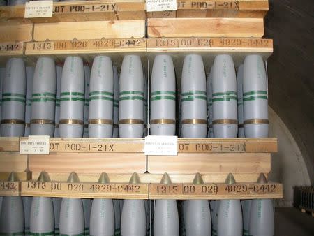 Mustard gas-filled 105mm projectiles are seen inside a chemical storage igloo, at the Pueblo Chemical Depot in an undated photo provided by the U.S. Army Chemical Materials Activity (CMA) in Pueblo, Colorado. REUTERS/U.S. Army Chemical Materials Activity/handout via Reuters