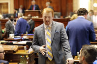 South Carolina Rep. Josiah Magnuson, R-Campobello, talks before a House session on a total ban on abortion on Tuesday, Aug. 30, 2022, in Columbia, S.C. (AP Photo/Jeffrey Collins)