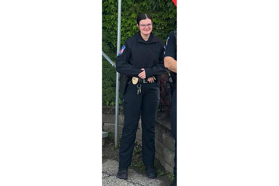This photo provided by the Vermont State Police shows Rutland City Police Officer Jessica Ebbighausen. The 19-year-old Vermont police officer who died in a head-on collision with a burglary suspect she was pursuing was remembered Tuesday, July 18, 2023, as a young woman who was passionate about law enforcement and public service and was devoted to her family. More than 1,000 people, including Vermont Gov. Phil Scott and hundreds of law enforcement officers from across New England and New York, attended the funeral service for Ebbighausen. She died Friday, July 7.