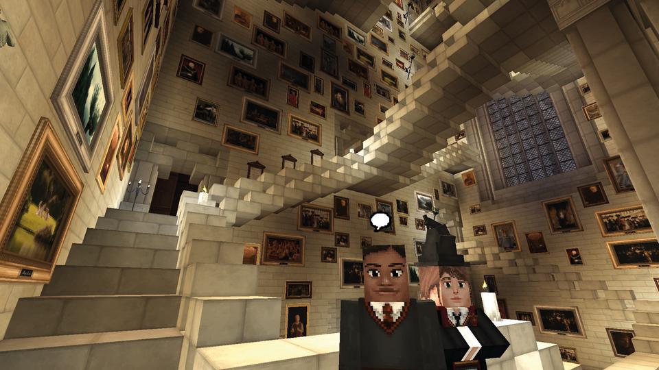Minecraft mods - the Hogwarts staircase in Minecraft with two students standing nearby
