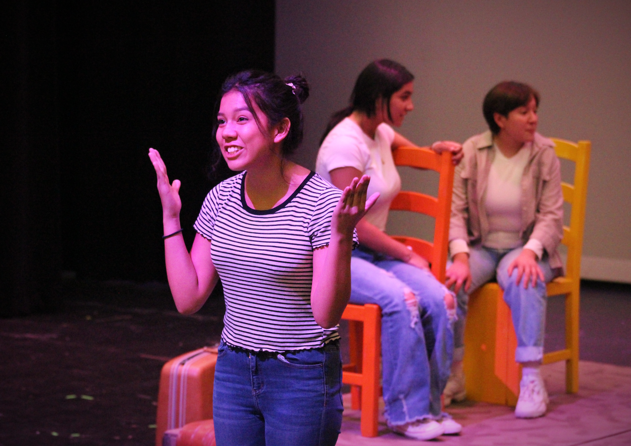 Victor Valley High School student Liz Sandoval, left, rehearses for the play “Caminos: A Mother’s Journey” along with Yaya Paez and Danny Gutierrez-Garcia at the VVHS Performing Arts Center. The play will be shown as part of the “Roots” double feature starting Sept. 28 at VVHS in Victorville.