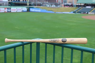 This baseball bat autographed by former the Tampa Bay Devil Rays/Rays, Oakland Athletics, Kansas City Royals and Chicago Cubs player Ben Zobrist is one of the items up for auction in a fundraiser launched Feb. 2, 2024, by the South Bend Cubs to raise money for the American Red Cross of St. Joseph County and South Bend Fire Department’s Free Smoke Alarm Program. The auction continues online through 6 p.m. Feb. 11.