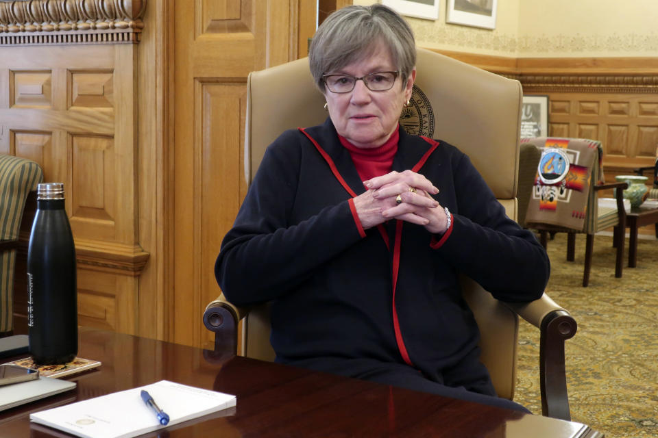 Kansas Gov. Laura Kelly discusses her proposal to expand Medicaid during an interview, Wednesday, Dec. 20, 2023, in her office at the Kansas Statehouse in Topeka, Kan. The Democratic governor says she's modeled a public campaign for expansion on one waged by Democratic Gov. Roy Cooper in North Carolina before that state expanded Medicaid. (AP Photo/John Hanna)