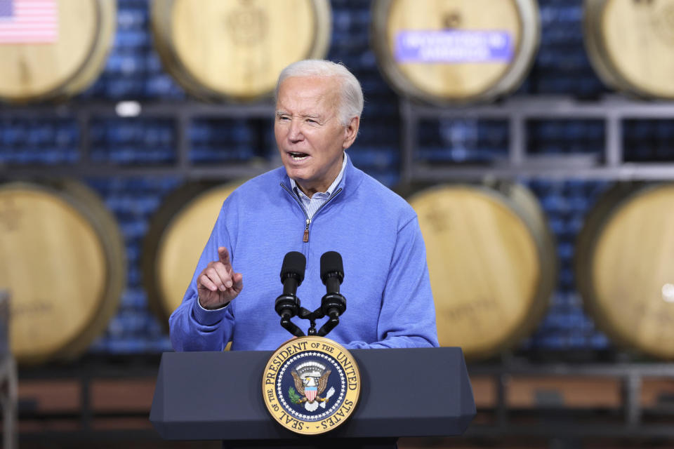 President Joe Biden speaks at Earth Rider Brewery, Thursday, Jan. 25, 2024, in Superior, Wis. (AP Photo/Adam Bettcher)