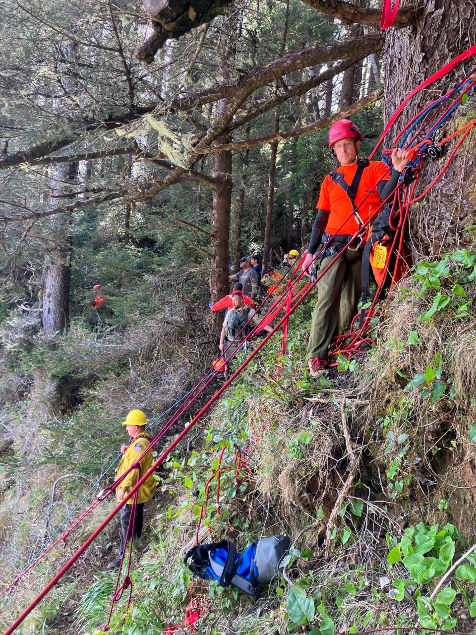Rescue teams used ropes to rescue the children who fell April 22 from a cliff  at Boardman Corridor north of Brookings on Oregon's south coast.