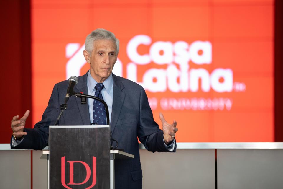 Davenport University President Richard Pappas speaks during an event announcing DU's new Casa Latina program.