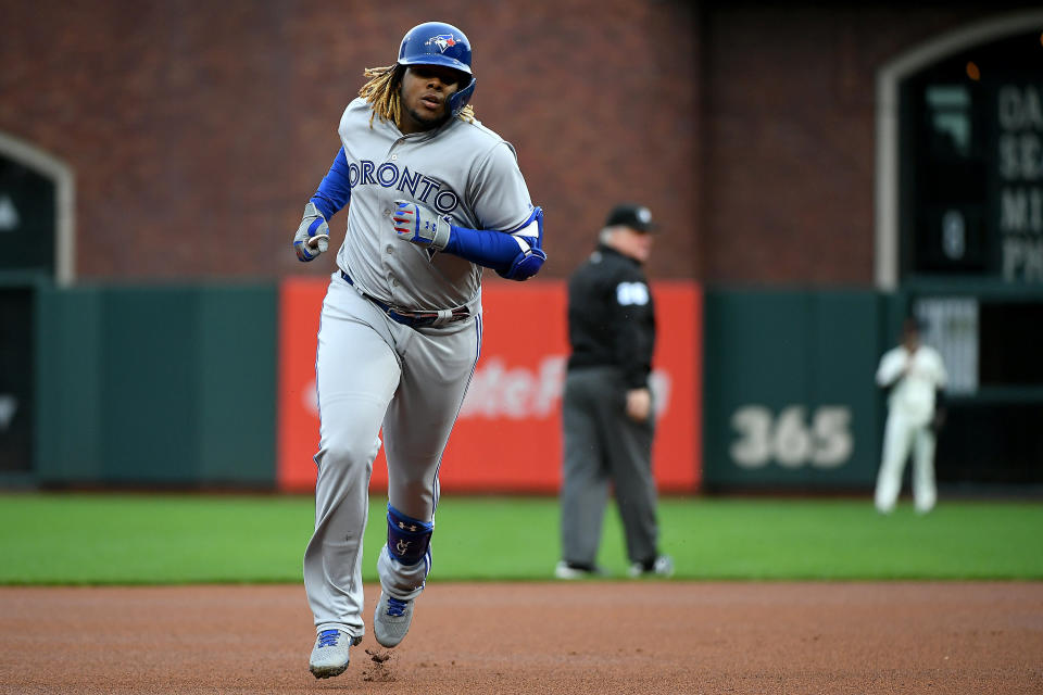 SAN FRANCISCO, CALIFORNIA - MAY 14: Vladimir Guerrero Jr. #27 of the Toronto Blue Jays runs the bases after hitting his first MLB home run against the San Francisco Giants during their game at Oracle Park on May 14, 2019 in San Francisco, California. (Photo by Robert Reiners/Getty Images)