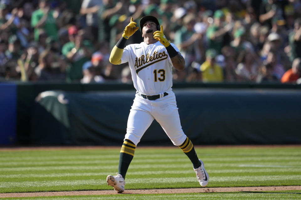 Oakland Athletics' Jordan Diaz gestures after hitting a home run during the fifth inning of a baseball game against the San Francisco Giants in Oakland, Calif., Saturday, Aug. 5, 2023. (AP Photo/Jeff Chiu)