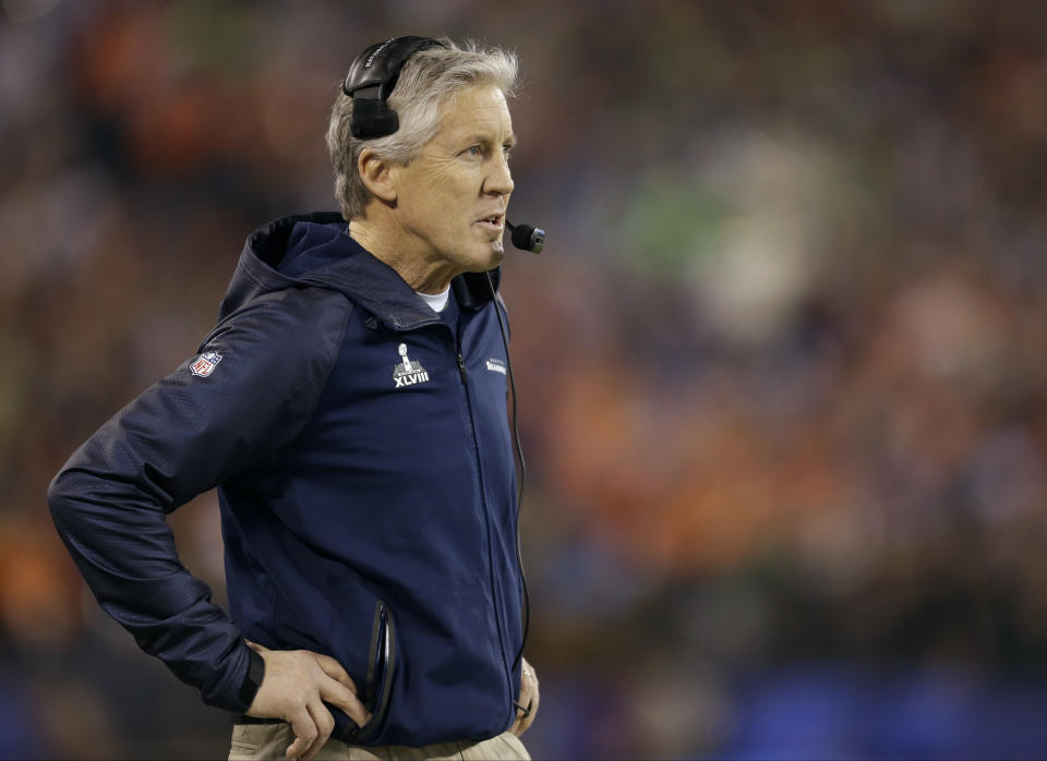 Seattle Seahawks head coach Pete Carroll looks on during the first half of the NFL Super Bowl XLVIII football game against the Denver Broncos Sunday, Feb. 2, 2014, in East Rutherford, N.J. (AP Photo/Jeff Roberson)