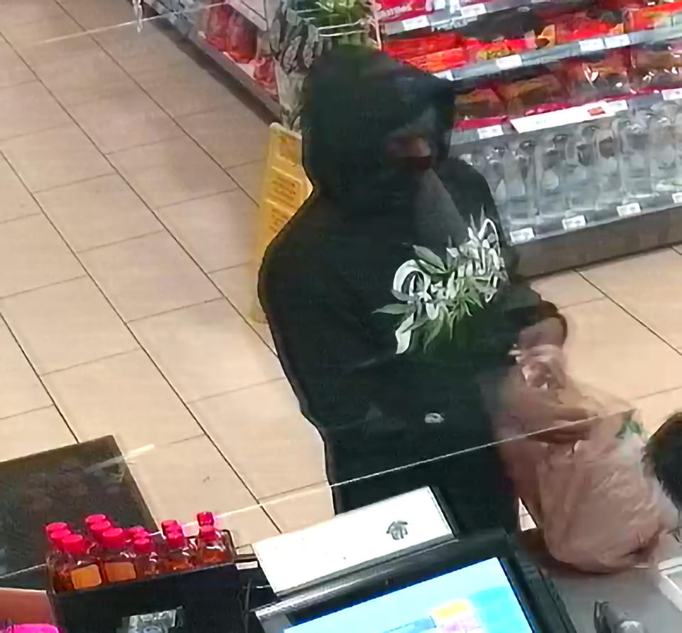 In this image from video from a 7-Eleven store in Upland, Calif. released by the Upland Police Department is a person that police are attempting to identify in connection with two people who were killed and three who were wounded in shootings at four 7-Eleven locations in Southern California, Monday, July 11, 2022. (Upland Police Department via AP)