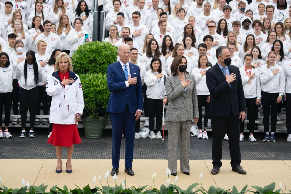 President Joe Biden, Jill Biden, Kamala Harris and Douglas Emhoff celebrate Team USA’s participation in the Tokyo 2020 Summer Olympic and Paralympic Games and Beijing 2022 Winter Olympic and Paralympic Games at the White House in Washington, DC on May 4, 2022. - Credit: Chris Kleponis - CNP / MEGA