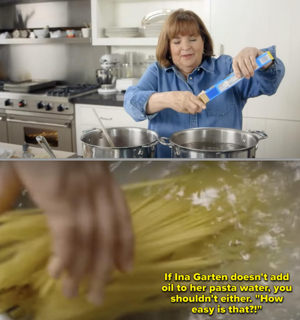 Ina Garten cooking pasta with caption saying that if Ina doesn't add oil to her pasta water, you shouldn't either