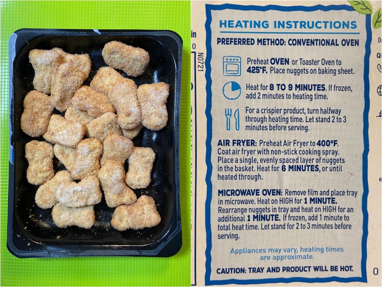A side by side of the open package of frozen chicken nuggets next to the package's instructions for appliance and cook times.