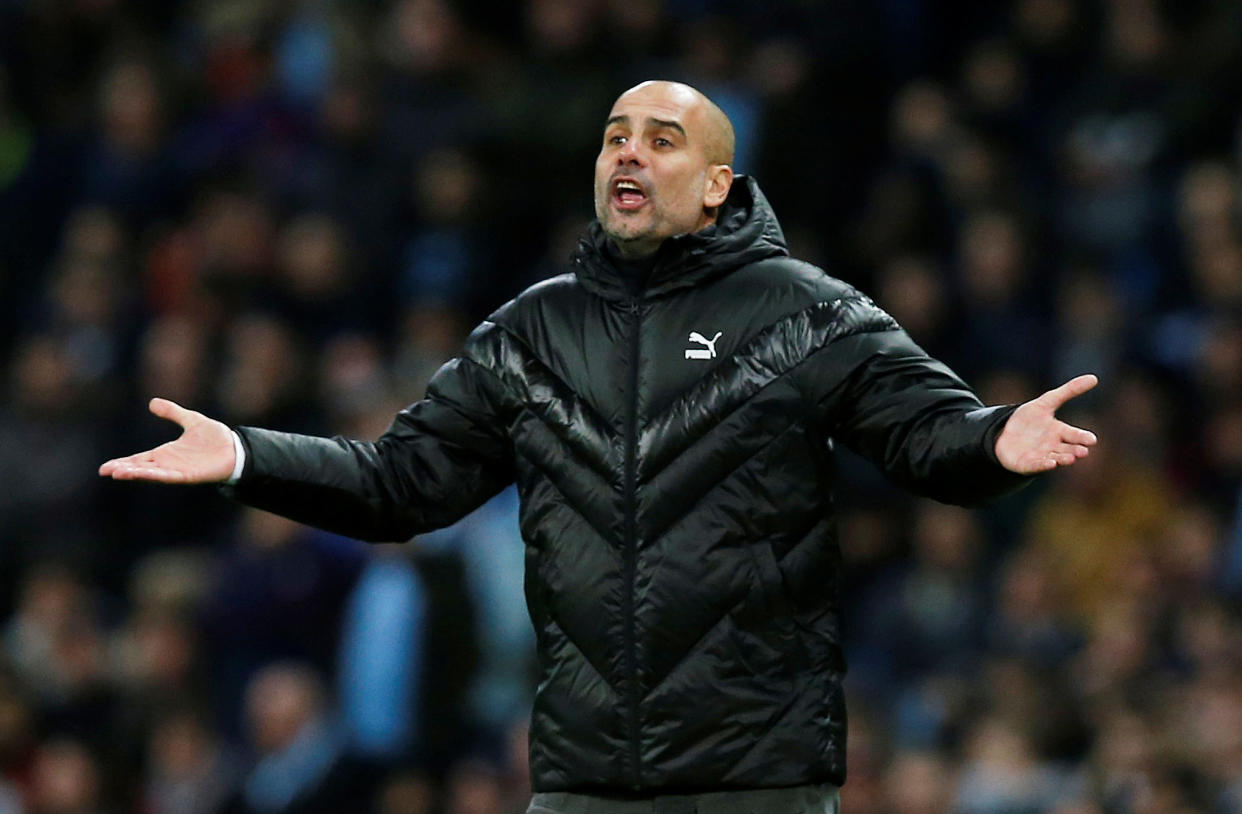 Soccer Football - Champions League - Group C - Manchester City v Shakhtar Donetsk - Etihad Stadium, Manchester, Britain - November 26, 2019  Manchester City manager Pep Guardiola reacts            REUTERS/Andrew Yates