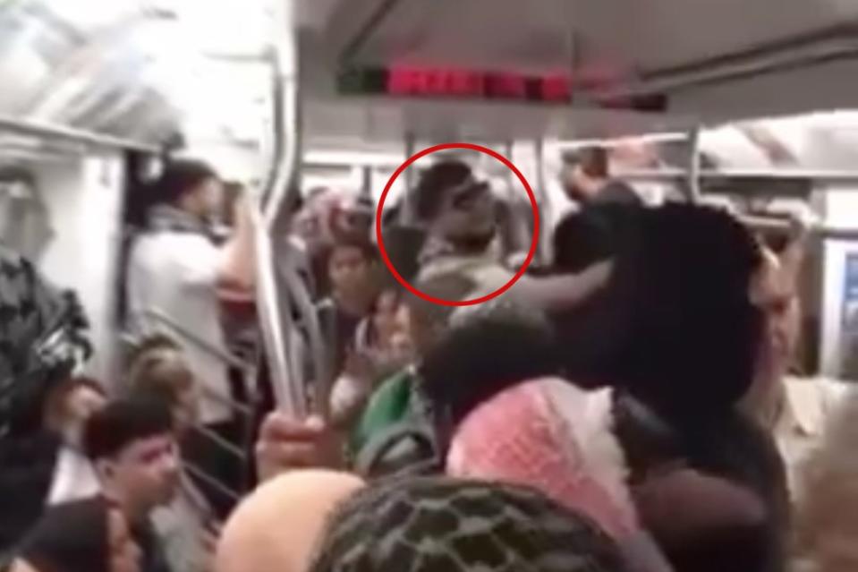 An anti-Israeli protester on Monday asked straphangers on a packed subway train Monday to raise their hands if they were “Zionists.” X / @AvivaKlompas