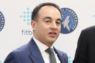 FILE - In this Feb. 7, 2020, file photo, Minnesota Timberwolves President of Basketball Operations Gersson Rosas poses during an NBA basketball news conference in Minneapolis. The Timberwolves have fired Rosas on Wednesday, Sept. 22, 2021, a move comes less than a week before training camp. Rosas spent just two seasons on the job, becoming, the first Latino to run an NBA team when he was hired by the Timberwolves in May 2019. (AP Photo/Jim Mone)