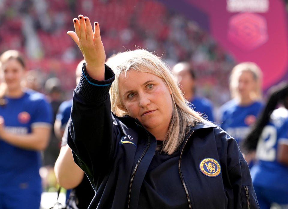 Chelsea manager Emma Hayes waves to the fans after winning the Barclays Women's Super League and her final match in charge of the club at Old Trafford, Manchester. Picture date: Saturday May 18, 2024. (Photo by Martin Rickett/PA Images via Getty Images)