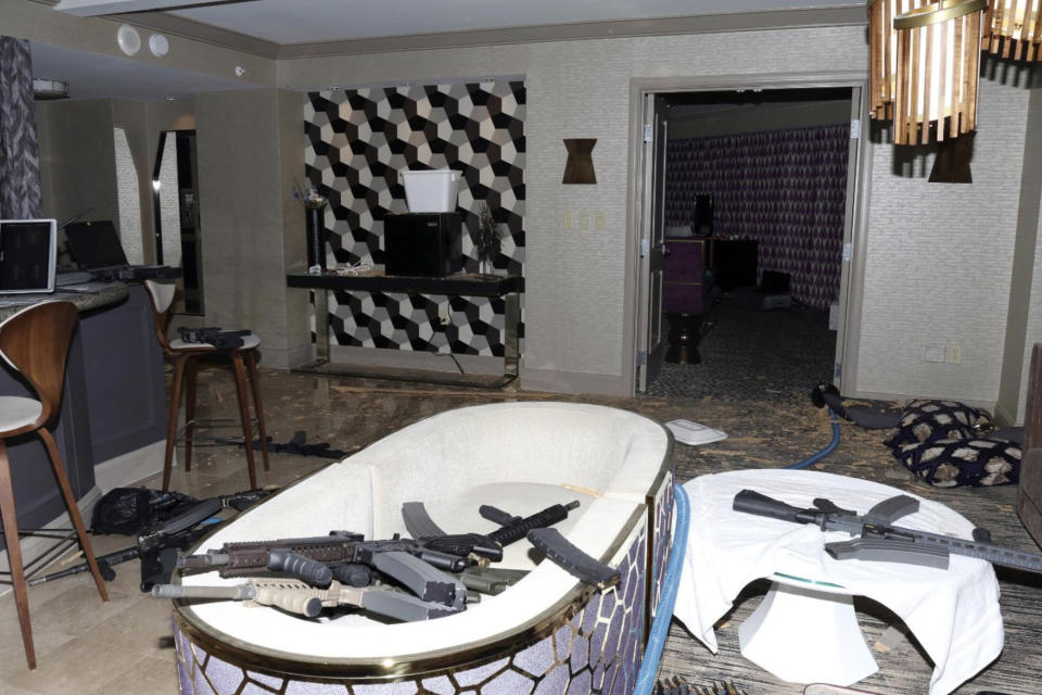 FILE - This photo released by the Las Vegas Metropolitan Police Department Force Investigation Team Report, shows the interior of Stephen Paddock's 32nd floor room of the Mandalay Bay hotel in Las Vegas after a mass shooting. The Supreme Court has struck down a Trump-era ban on bump stocks, a gun accessory that allows semiautomatic weapons to fire rapidly like machine guns. They were used in the deadliest mass shooting in modern U.S. history. The high court Friday found the Trump administration did not follow federal law when it reversed course and banned bump stocks after a gunman in Las Vegas attacked a country music festival with assault rifles in 2017. (Las Vegas Metropolitan Police Department via AP, File)