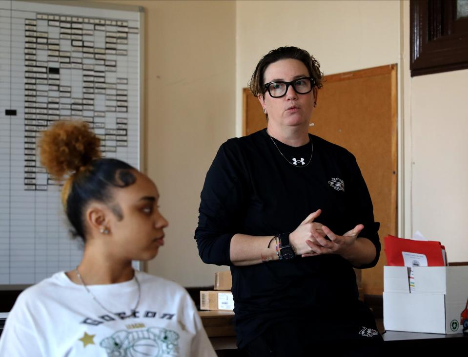 Gorton High School girls basketball coach Dawn Myers, talks about their season, at their school in Yonkers, Feb. 9, 2024. At left is player Miayah Escobar.