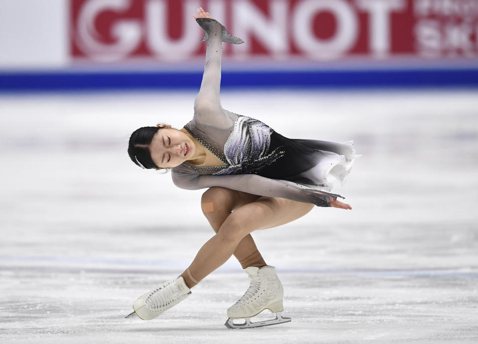 Haein Lee of South Korea performs in the women free skating program during the ISU Four Continents Figure Skating Championships in Tallinn, Estonia, Saturday, Jan. 22, 2022. (AP Photo/Sergei Stepanov)