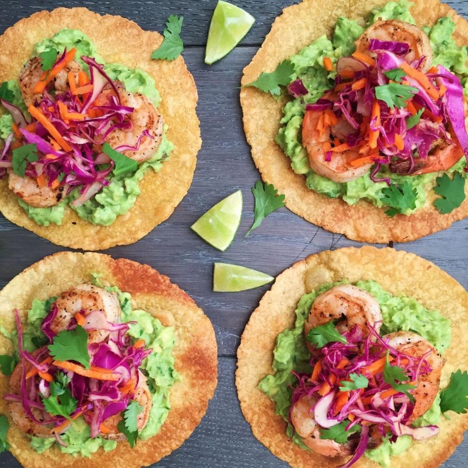 Grilled Shrimp Tostadas with Guacamole and Red Cabbage Slaw