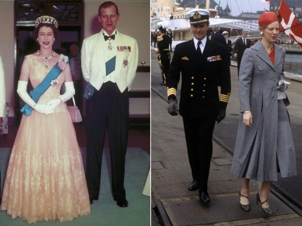 Queen Elizabeth II and Prince Phillip (left) and Prince Henrik and Queen Margrethe II (right).