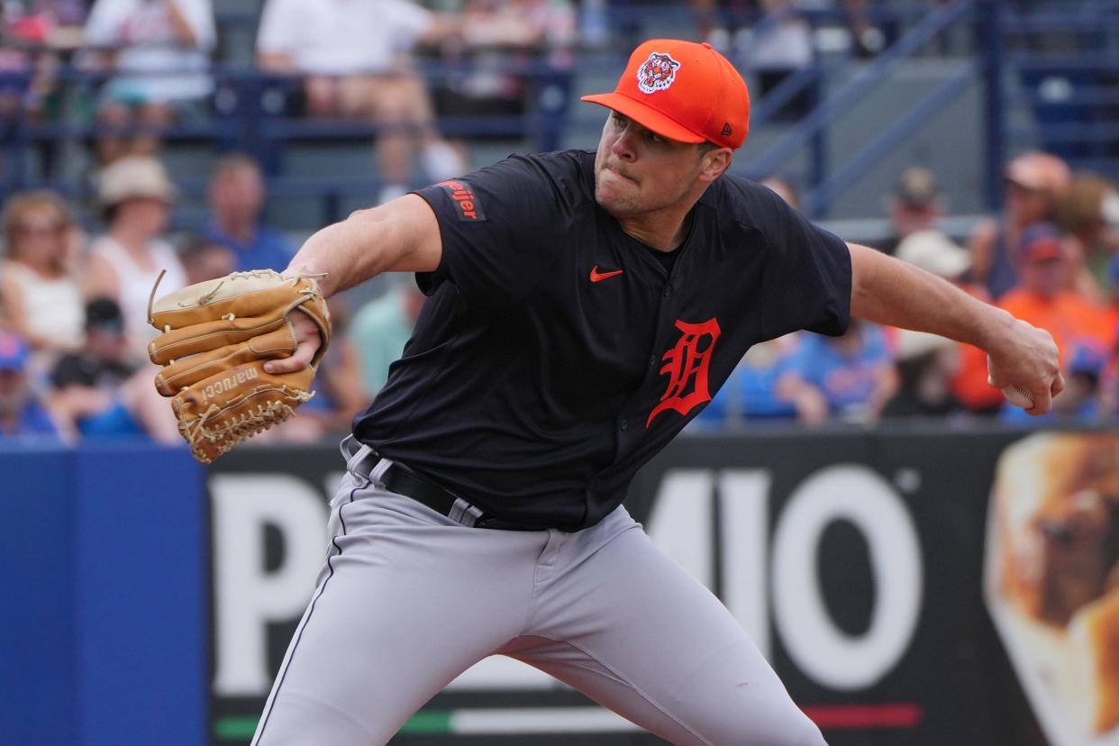 Detroit Tigers pitcher Brant Hurter (74) pitches against the New York Mets in the first inning at Clover Park in Port St. Lucie, Florida, on Sunday, March 10, 2024.