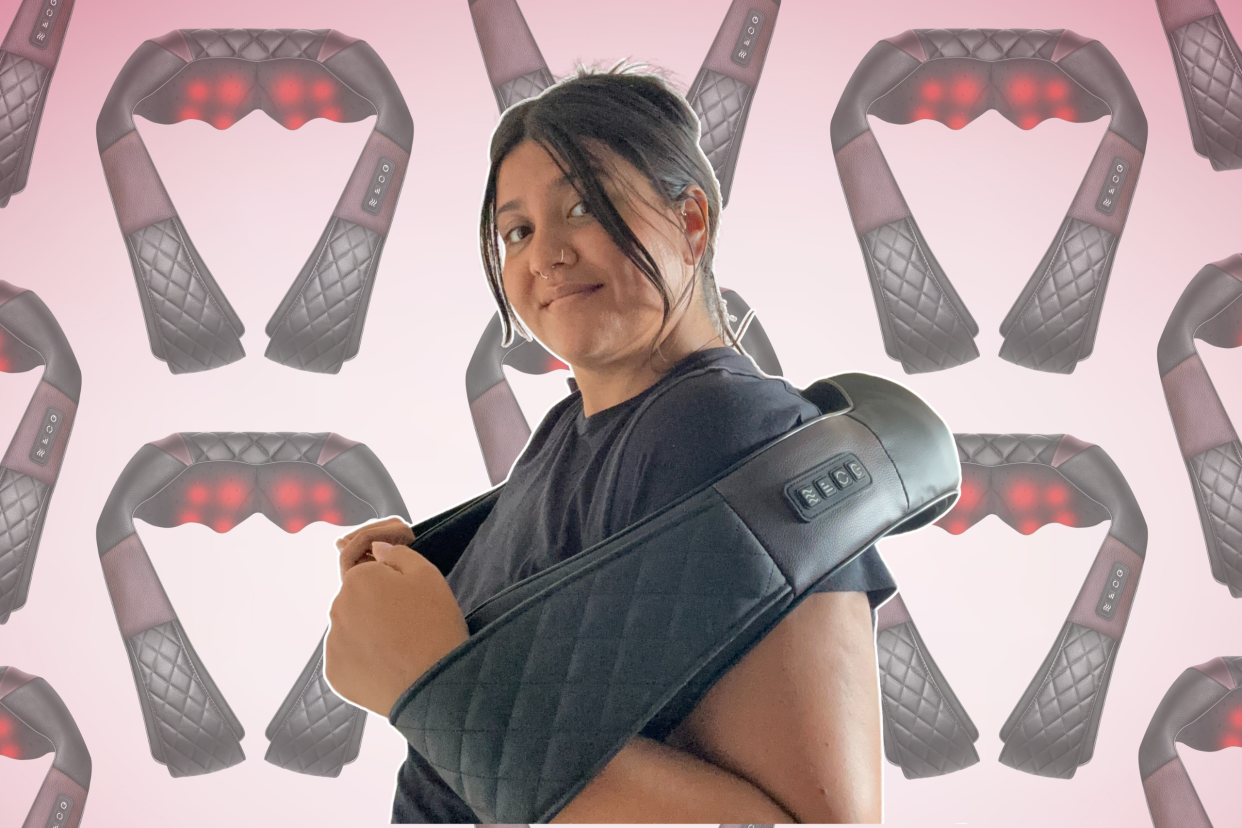 woman wearing Shiatsu Neck and Shoulder Massager, Back Massager on pink collage background, This at-home massager has saved me a ton of money — and it's on sale  (Photos via Vanessa Nigro & Amazon).