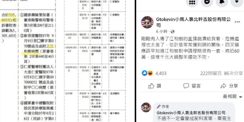 ▲小商人貼出判決文聲援四叉貓，指江和樹「對申請理賠很有一套」，江和樹卻自稱「那些資料是我提供的」。（資料照／小商人臉書，2022.12.23）