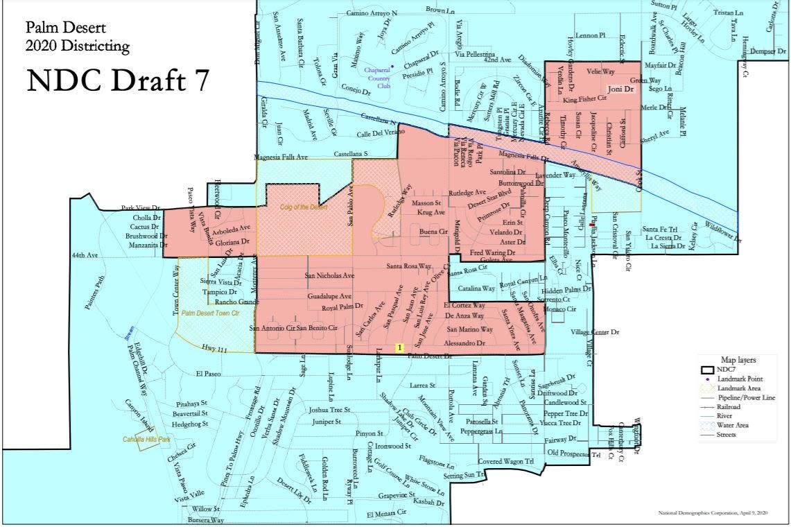 This map outlines the boundaries for Palm Desert's new two-district voting system. District 1, the "Civic Center core" district, will elect one representative every four years and represents about 20% of the population. The outlying district represents 80% of the city's population and will have four representatives on the council, two elected every two years.