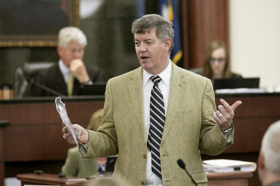 In this Monday, June 3, 2019 photo, Defense attorney Boyd Jones talks to the jury during his closing statement in the murder trial of Timothy Jones Jr. at the Lexington County Courthouse, in Lexington, Ky. Jurors are again deliberating whether the South Carolina father is guilty of murder in the deaths of his five children. (Jeff Blake/The State via AP, Pool)