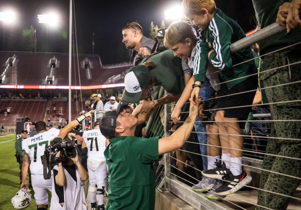 Sacramento State Hornets head coach Andy Thompson celebrates the team’s 30-23 win over the Stanford Cardinal on Saturday.