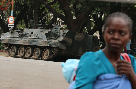 Armoured vehicle is seen outside the parliament in Harare, Zimbabwe, November 16, 2017. REUTERS/Philimon Bulawayo