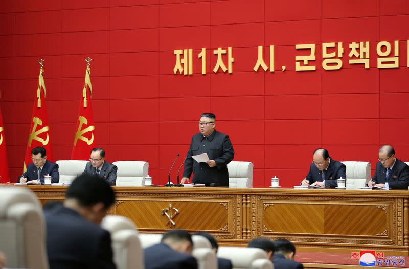 North Korea's leader Kim Jong Un speaks during the first short course for chief secretaries of the city and county Party committees in Pyongyang