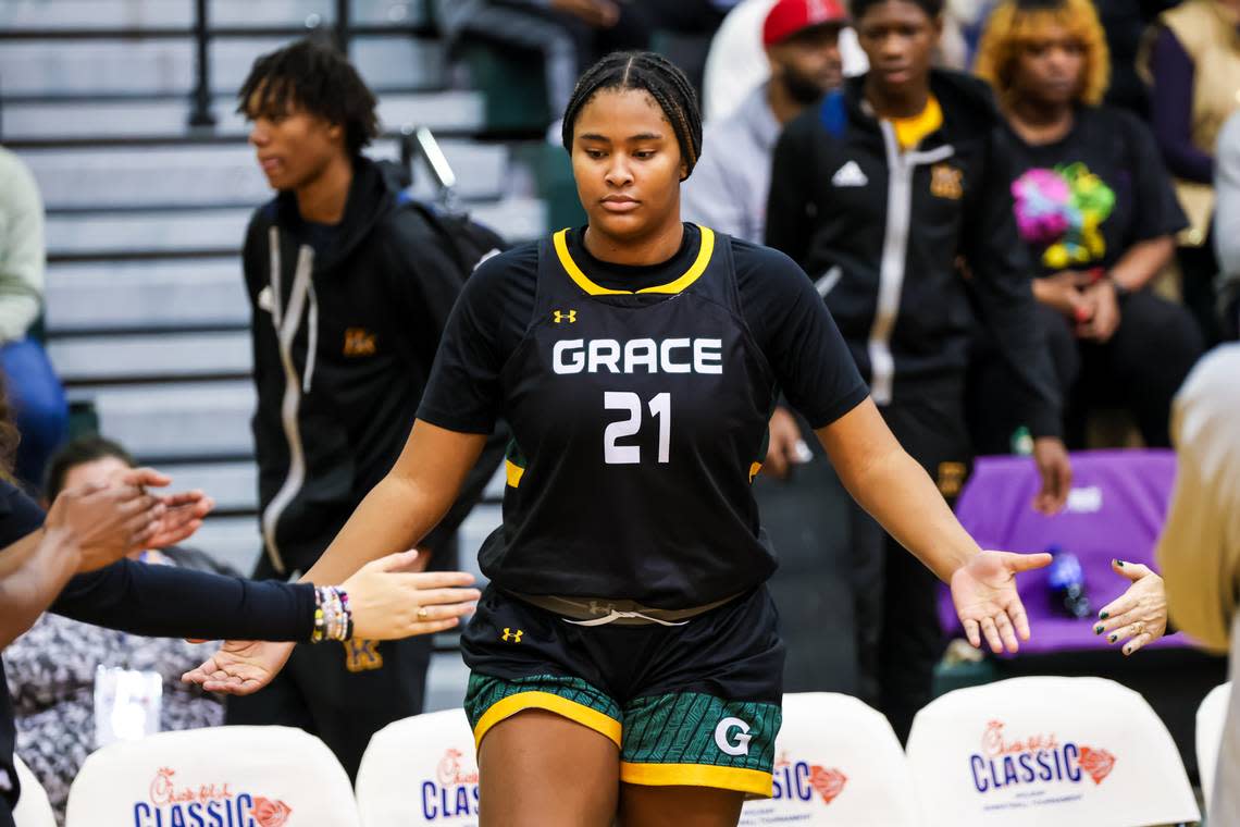 Grace Christian Lions forward Sarah Strong (21) is introduced at the Chick-fil-A Classic at River Bluff High School Wednesday, Dec. 27, 2023.