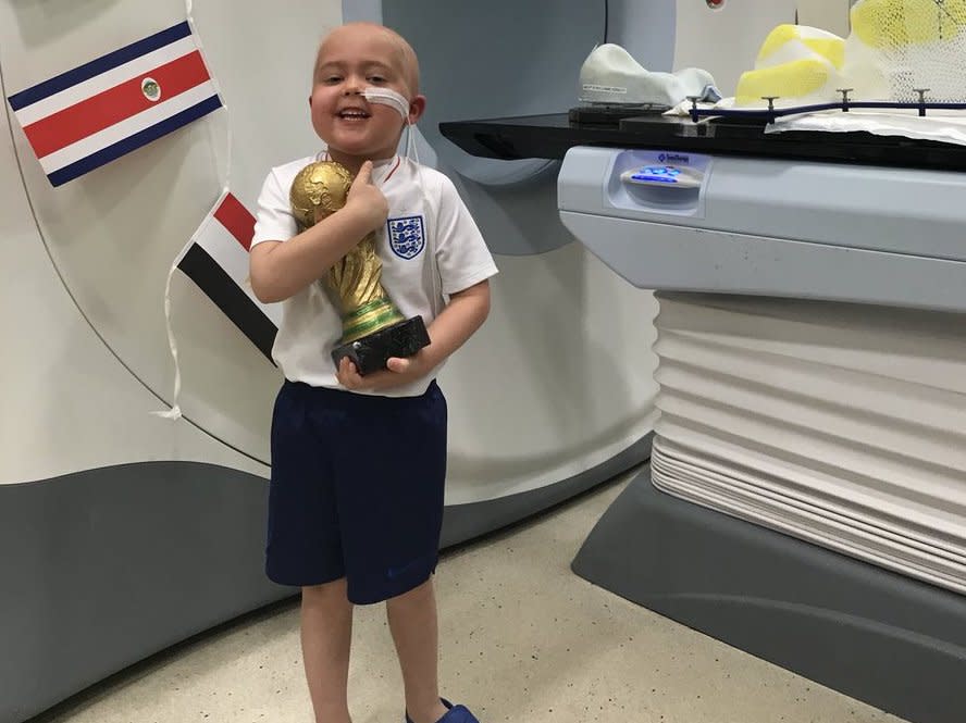 Ben Williams, a five-year-old battling a brain tumor, received an inspirational message from England captain Harry Kane after finishing six weeks of radiation. (Twitter/@LiamHerbert_)