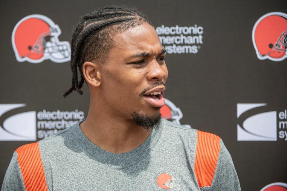 Cleveland Browns' rookie Cedric Tillman speaks to reporters before the Browns NFL football rookie minicamp in Berea, Ohio, Friday, May 12, 2023. (AP Photo/Phil Long)